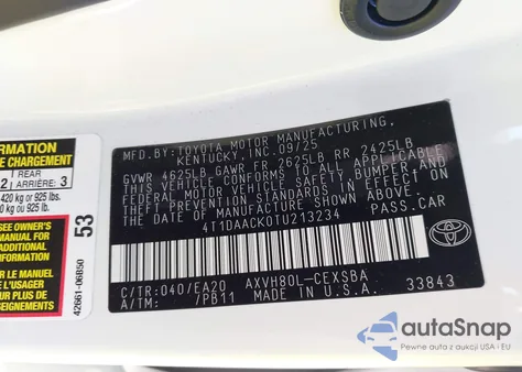 2026 Toyota Camry Nightshade z USA, uszkodzony, nr VIN 4T1DAACK0TU213234